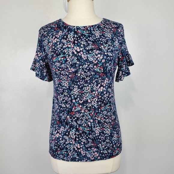 LOFT Outlet Soft Stretchy Ditsy Floral Short Ruffle Sleeve Top, Size M - Picture 1 of 12